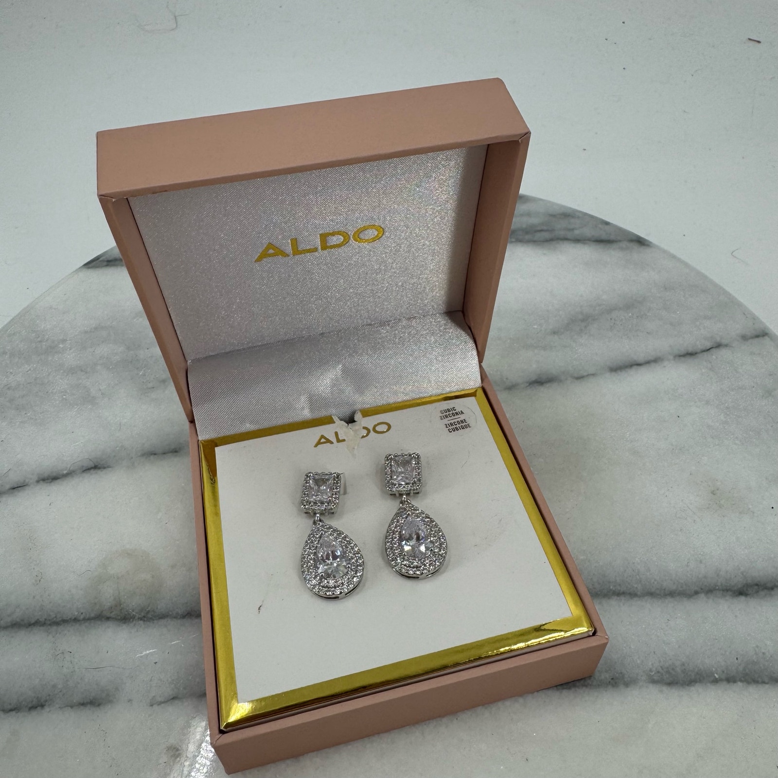 Nwt Aldo Sun Moon Rhinestone Encrusted Silver Plated Tear Drop Earrings